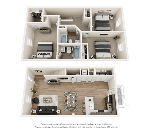 A floor plan of a two-bedroom apartment with a living room and kitchen.